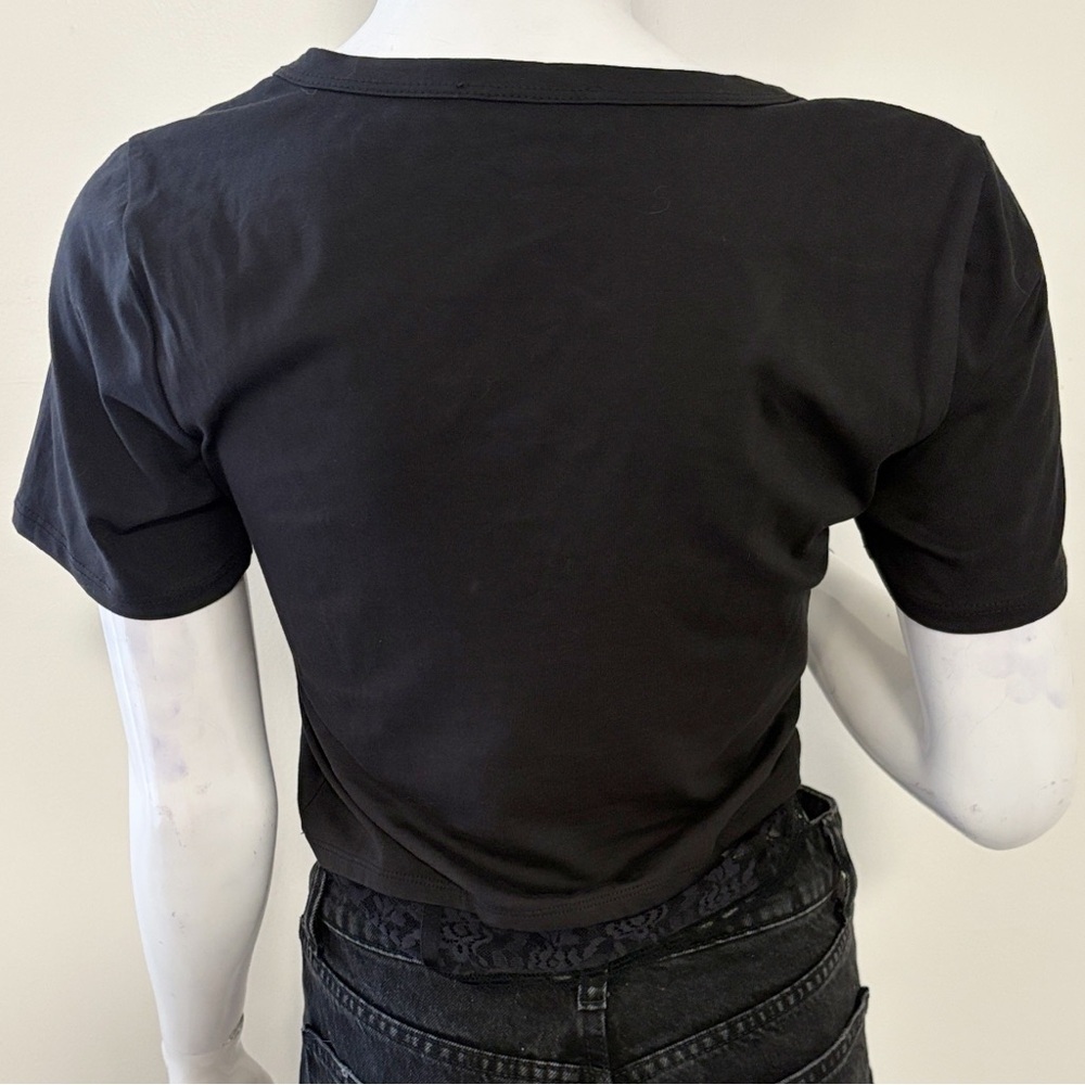 Jonathan Simkhai Standard Aida S/S Cropped T-shirt Lace Hem Drawstring Ruching - Picture 3 of 6